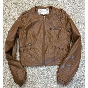 Brown Faux Leather Cropped Moto Jacket Poetry Clothing Small PVC Bikercore READ